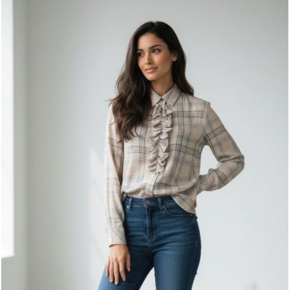 Tuckernuck M Beige Gold Plaid Flannel Blouse Ruffled Collar Long Sleeve NWOT